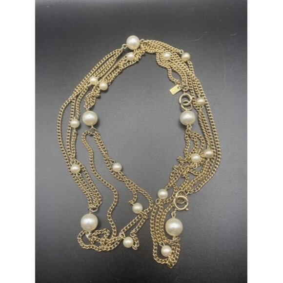 Retro Signed Emmons  Necklace Multi Chain Gold Tone Faux Pearl 30"+7" Extender - Picture 5 of 5